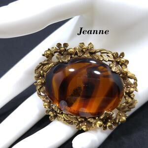 Jeanne Two Toned Glass Brooch, Light Dark Topaz Striped, 1960s Vintage Jewelry
